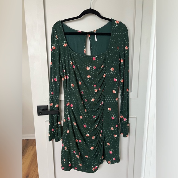 FREE PEOPLE 🆕Celia mini dress green pink floral long sleeves large - Picture 13 of 15
